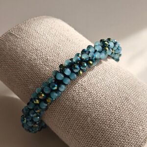 Teal Iridescent Beaded Rope Bracelet or Scrunchie Hair Tie Glass Bead Blue Aqua